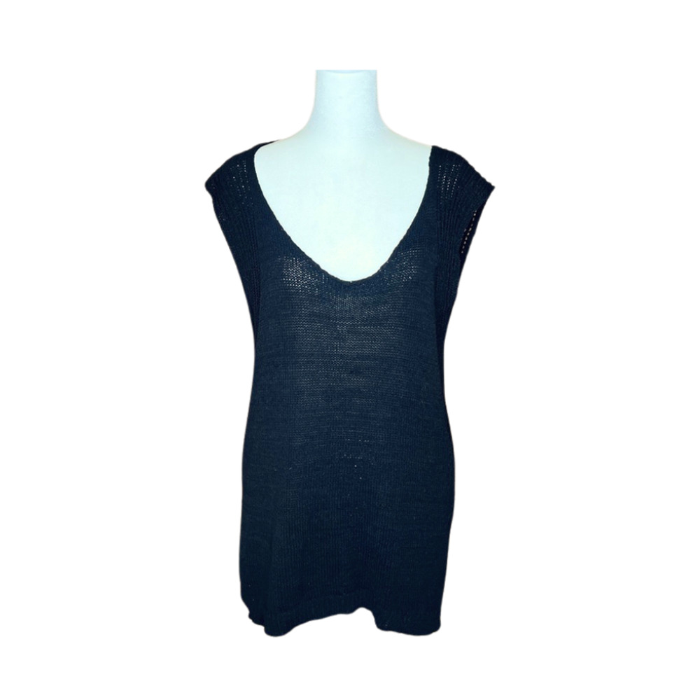 Tahari Open Knit Tunic Dress L Black Plunge Neckline Lagenlook Minimalist Beachy